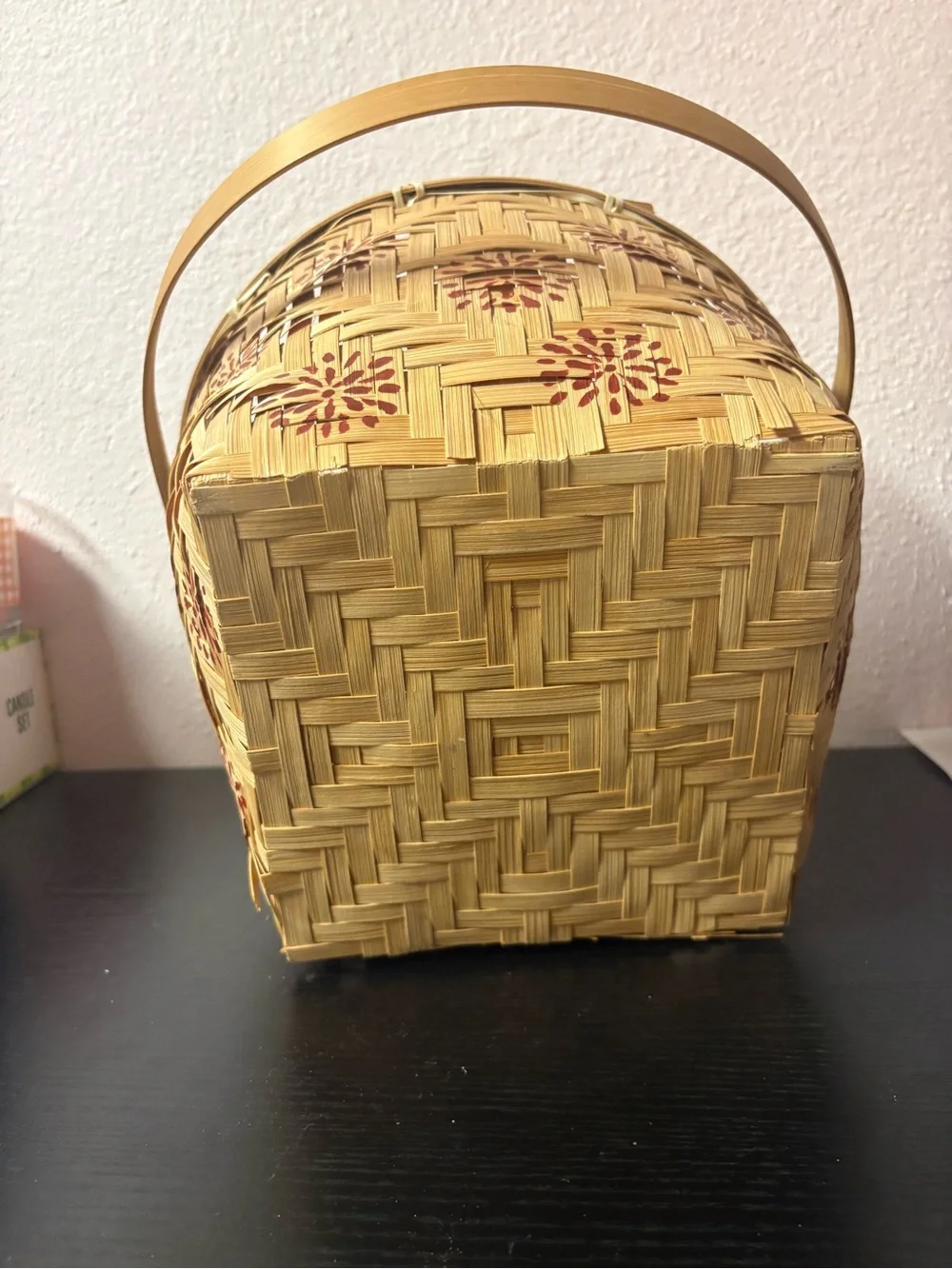 Woven Bamboo Basket Red Floral Handle Cottagecore Farmhouse Decor